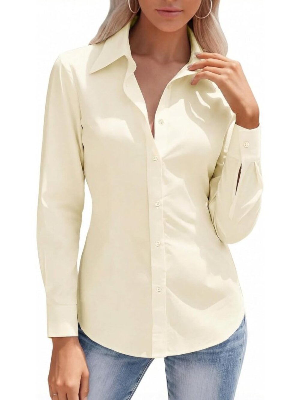 Women's Beige Button Down Long Sleeve Stretch Slim Fit Wrinkle Free Work Shirts